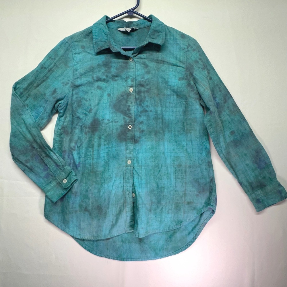 Old Navy Classic Monet Green Blue OverDye‎ Button Down Flannel Shirt Women's  L